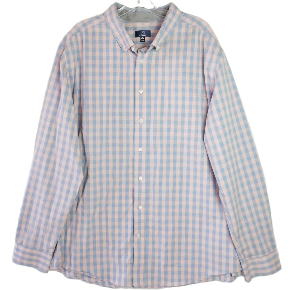 George Men's Size 3XL (54-56) Button-Up Shirt Long Sleeve Checkered Blue Pink